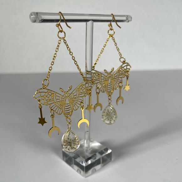 Moth flower moon stars earrings gold dangle boho - Picture 4 of 6